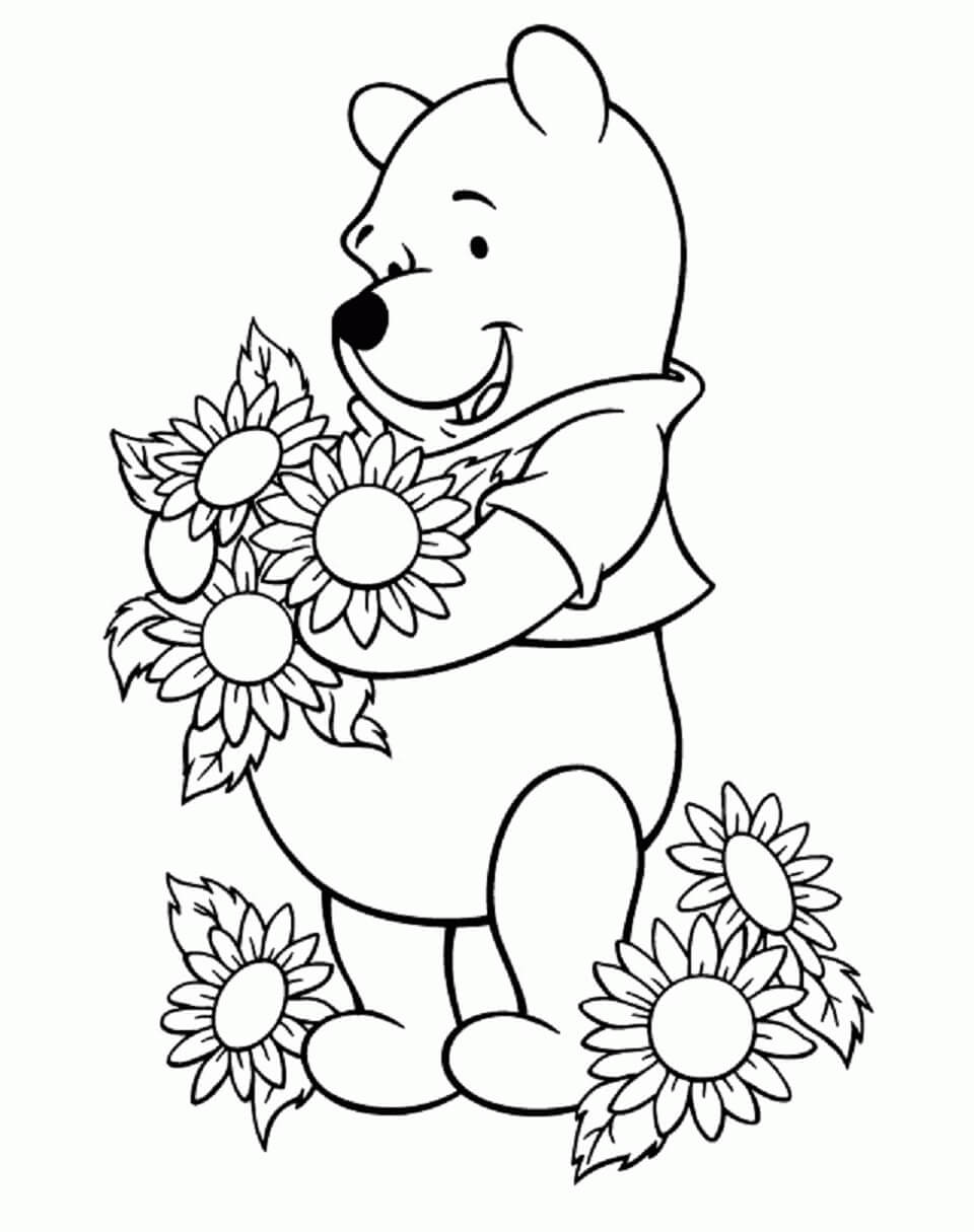 Fise de Colorat cu Veselul Winnie The Pooh Poartă Floarea Soarelui