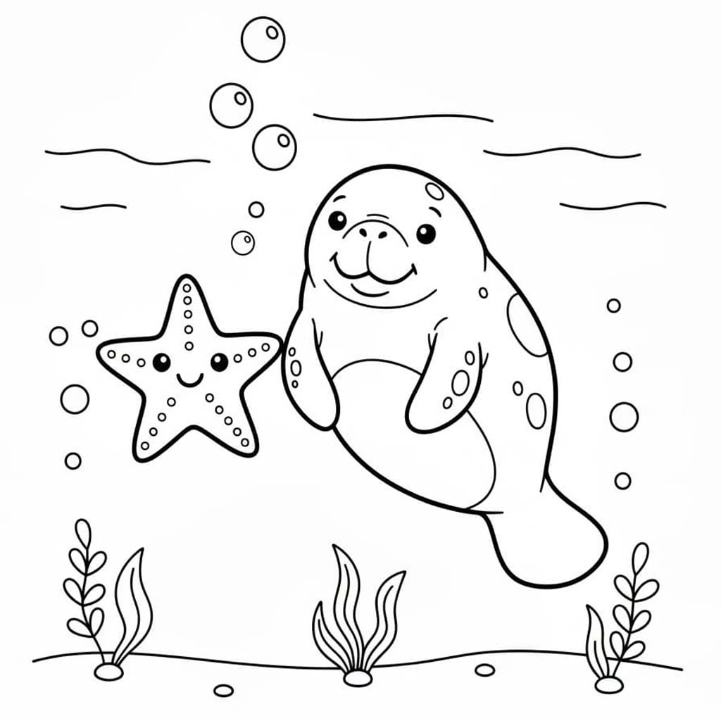 Fise de colorat cu Desenează Lamantin imprimabil pentru copii