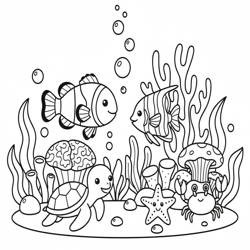Fise de colorat cu Desenează Recif de corali gratuit simplu
