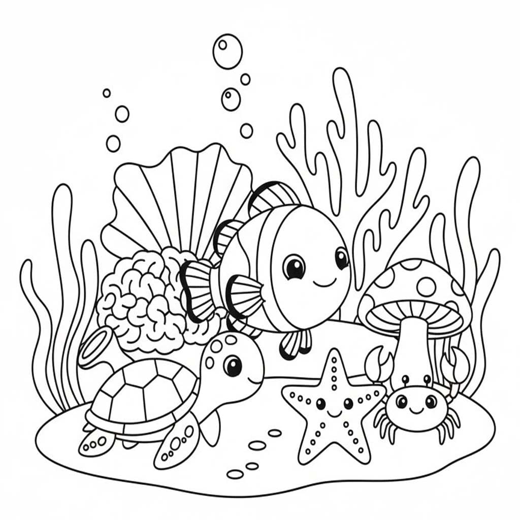 Fise de colorat cu Desenează Recif de corali imprimabil simplu
