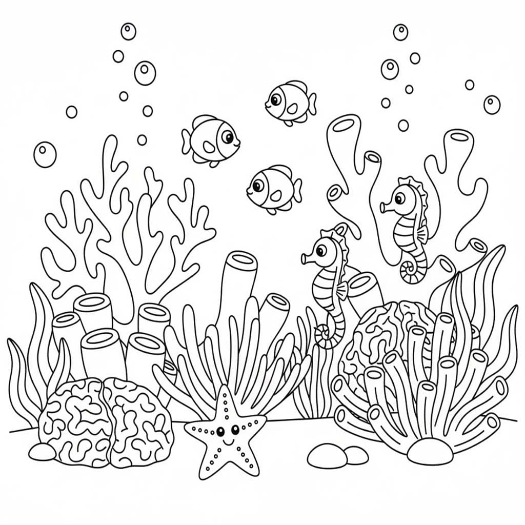 Fise de colorat cu Desenează Recif de corali imprimabil uşor