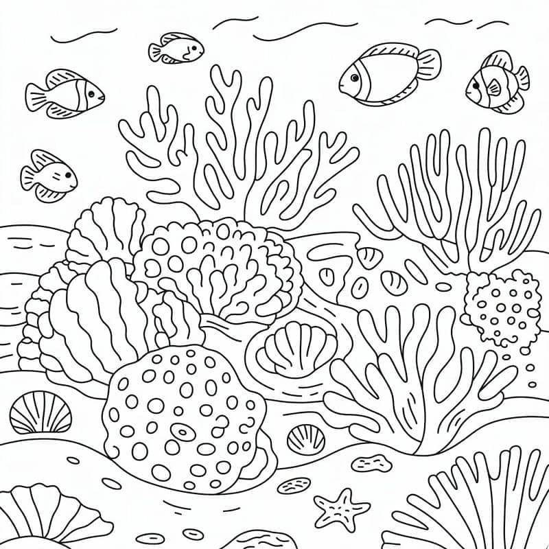 Fise de colorat cu Desenează Recif de corali simplu