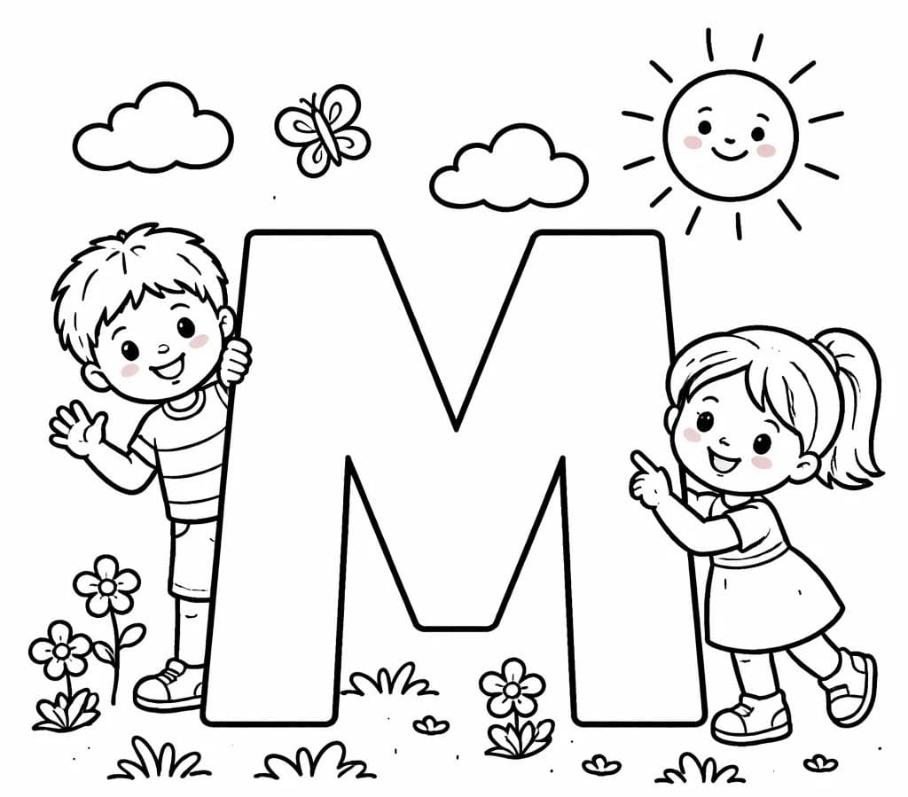 Fise de colorat cu Imagine Litera M imprimabil gratuit