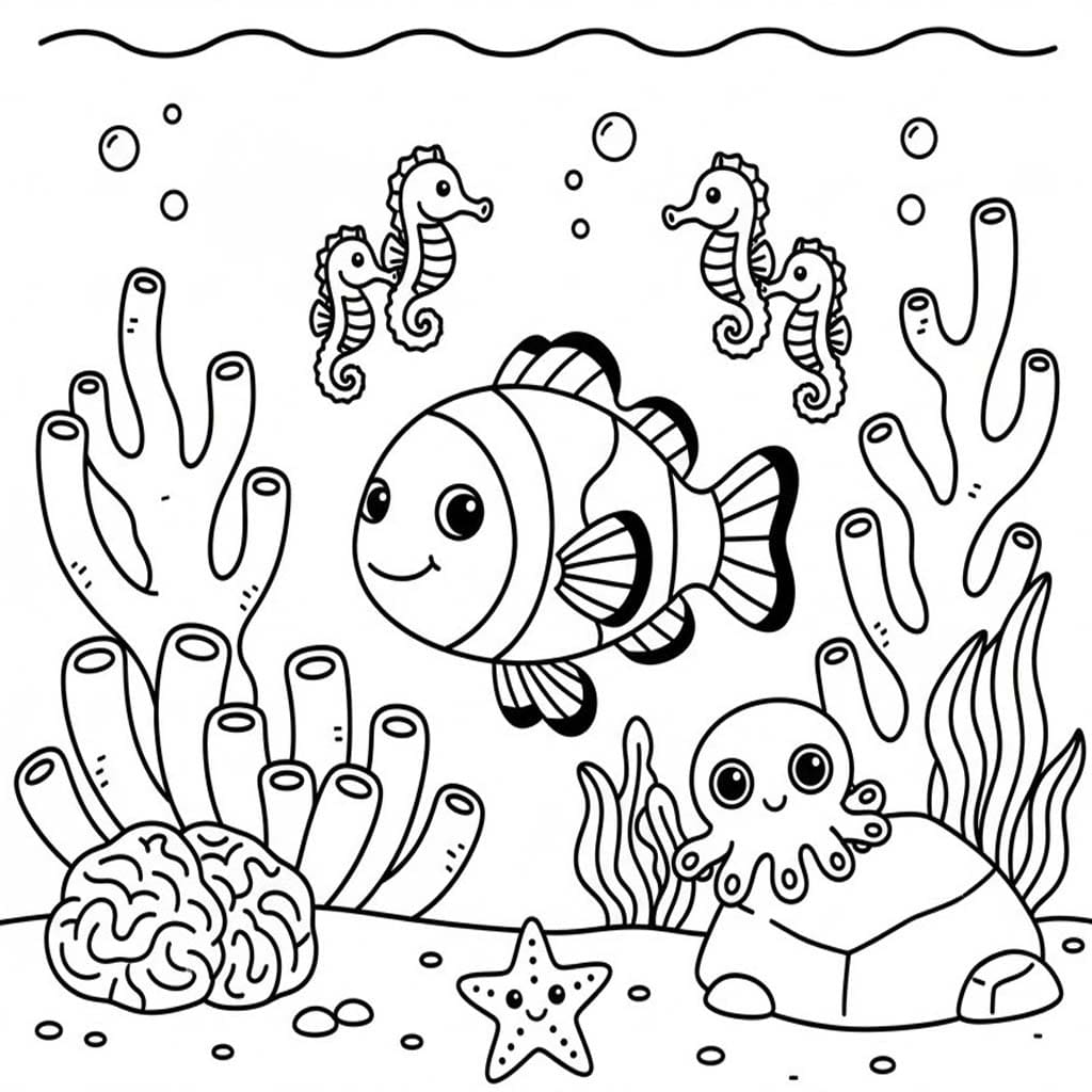 Fise de colorat cu Recif de corali imprimabil gratuit uşor