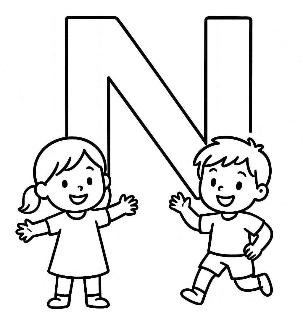 Fise de colorat cu Desenează Litera N imprimabil gratuit simplu