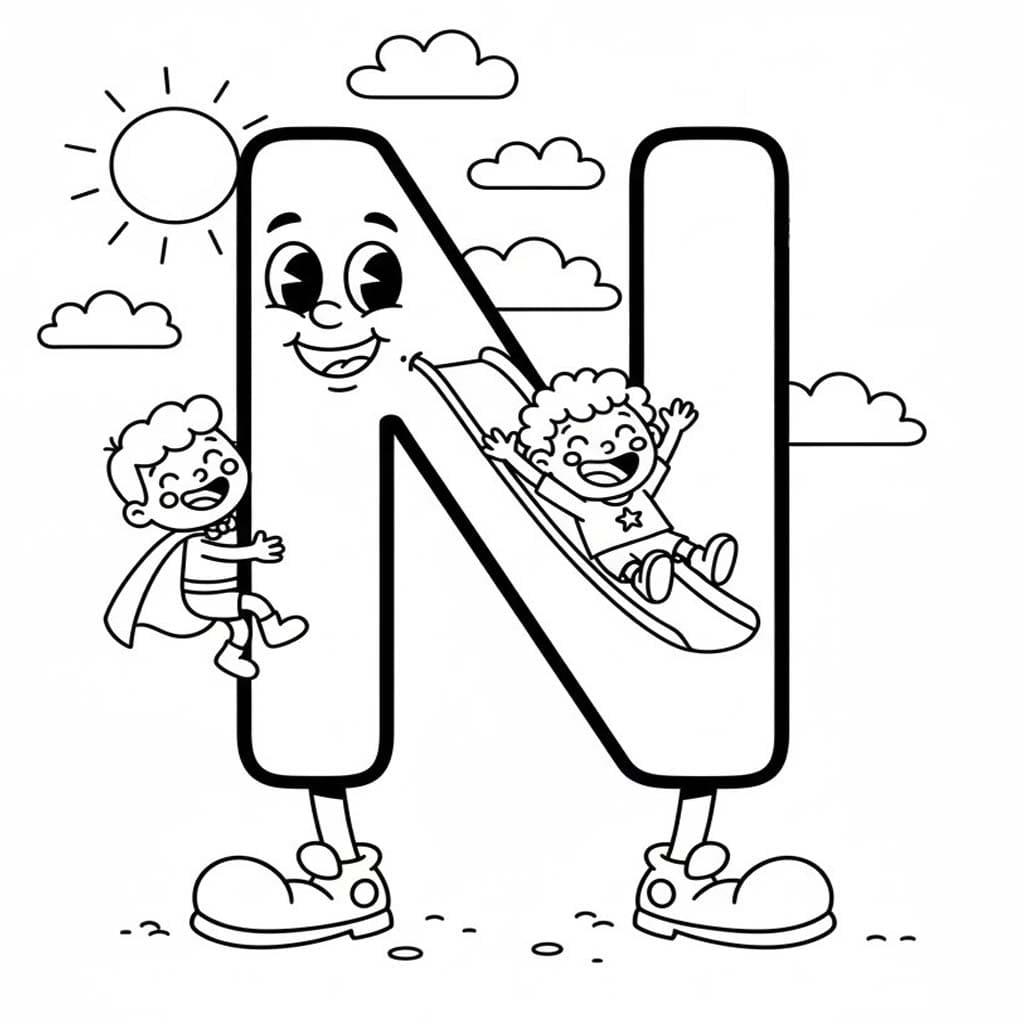 Fise de colorat cu Desenează Litera N imprimabil gratuit