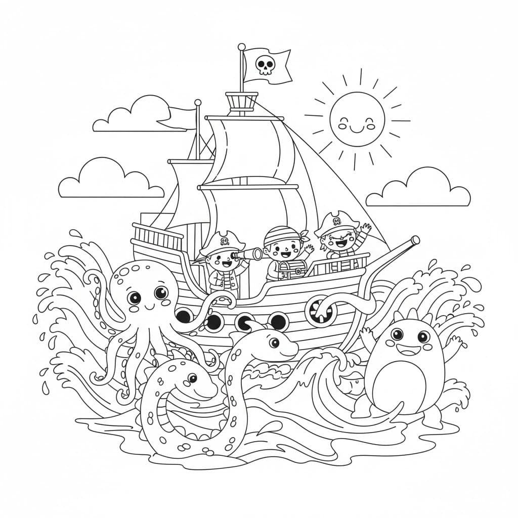 Fise de colorat cu Desenează Nave Pirat gratuit simplu