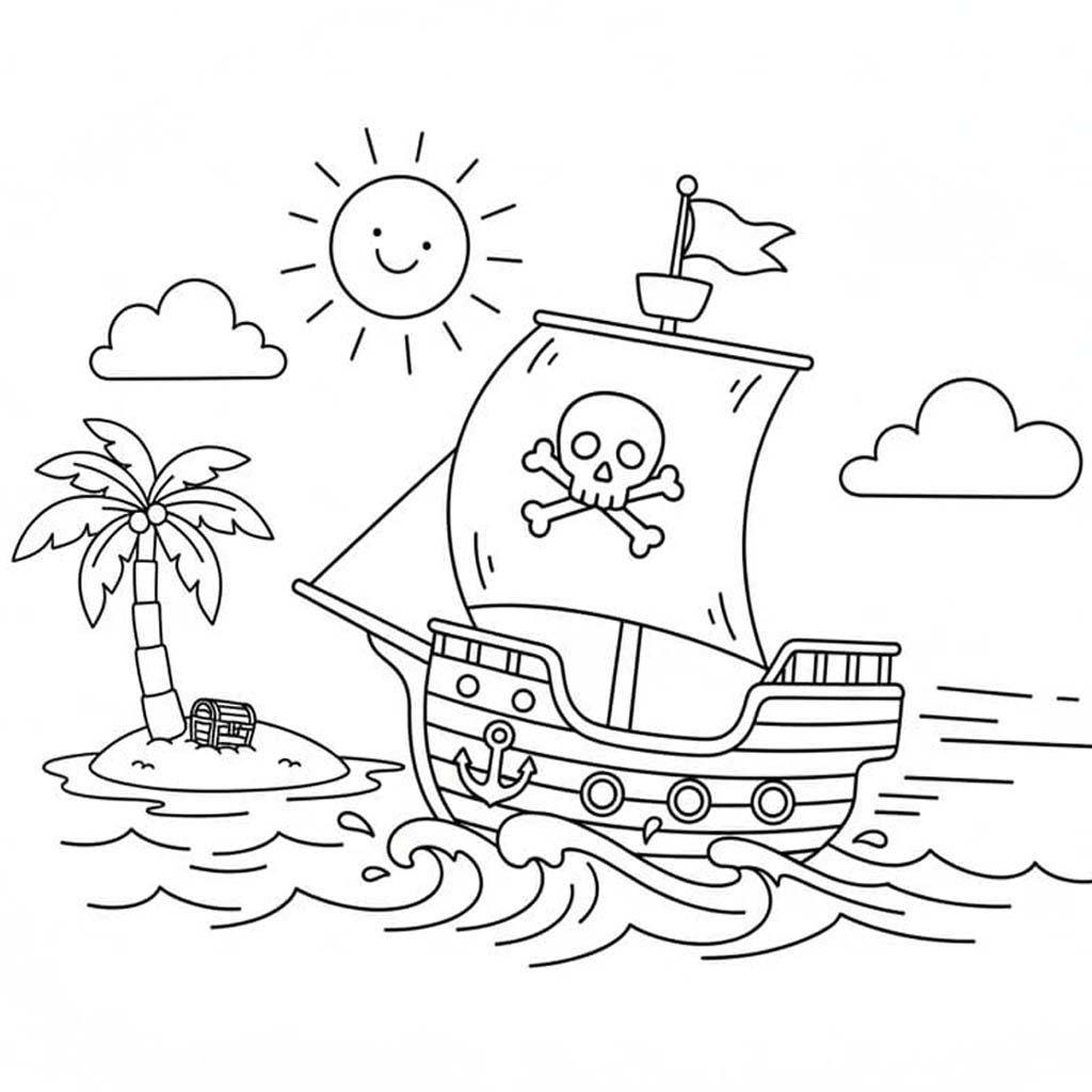 Fise de colorat cu Desenează Nave Pirat imprimabil bazic