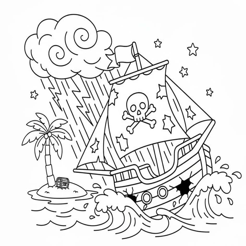 Fise de colorat cu Desenează Nave Pirat imprimabil pentru copii