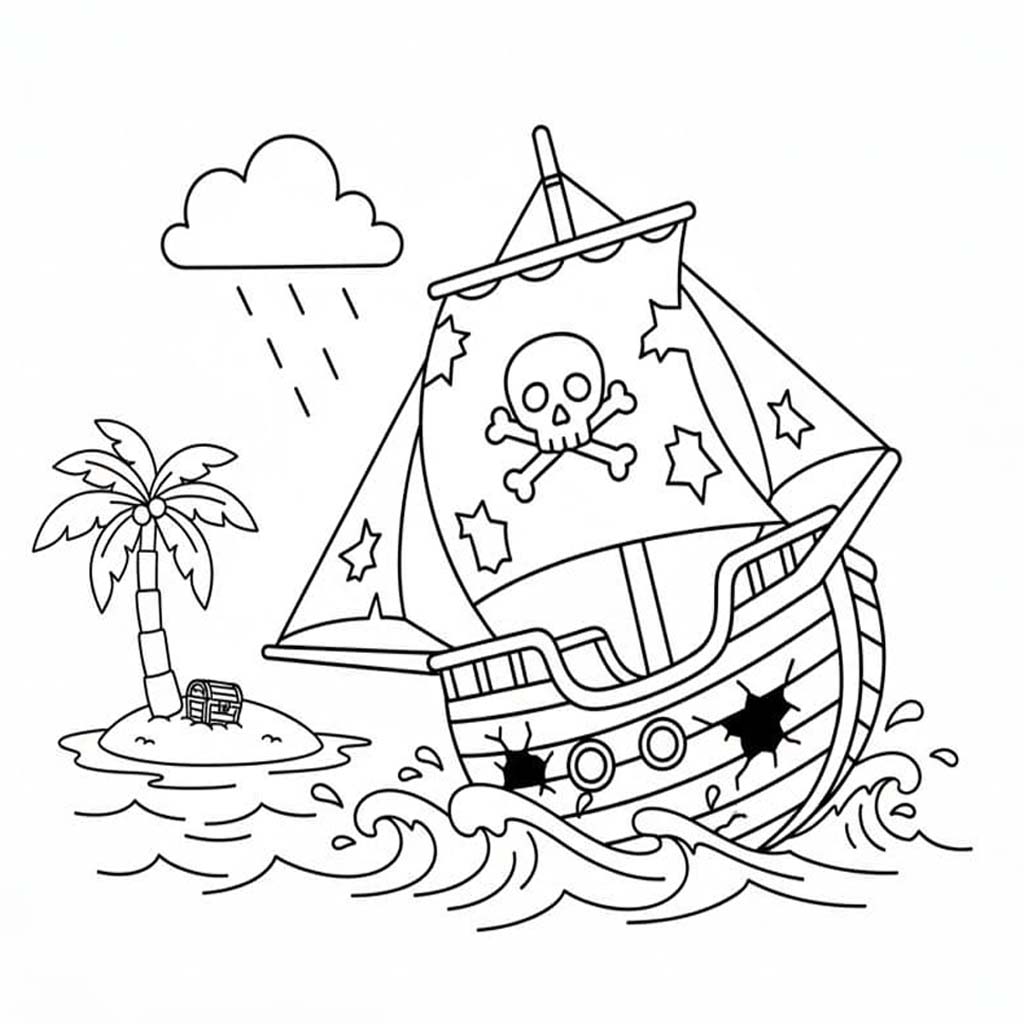 Fise de colorat cu Desenează Nave Pirat simplu