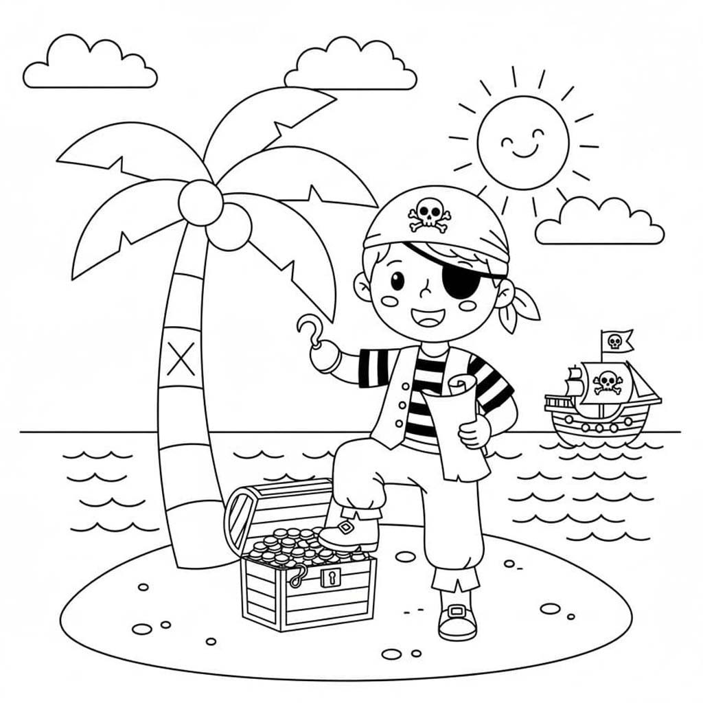 Fise de colorat cu Desenează Piraţi imprimabil gratuit uşor