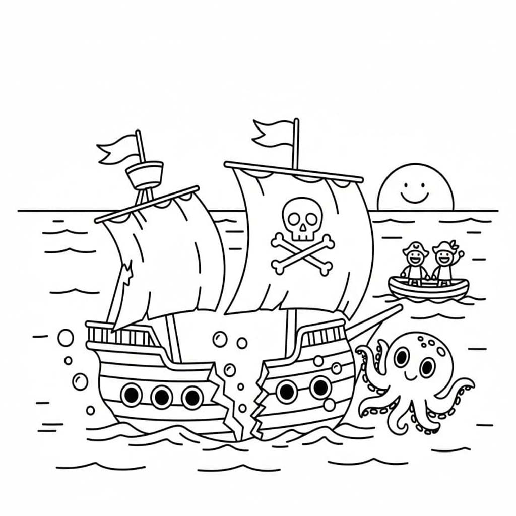 Fise de colorat cu Nave Pirat imprimabil gratuit simplu