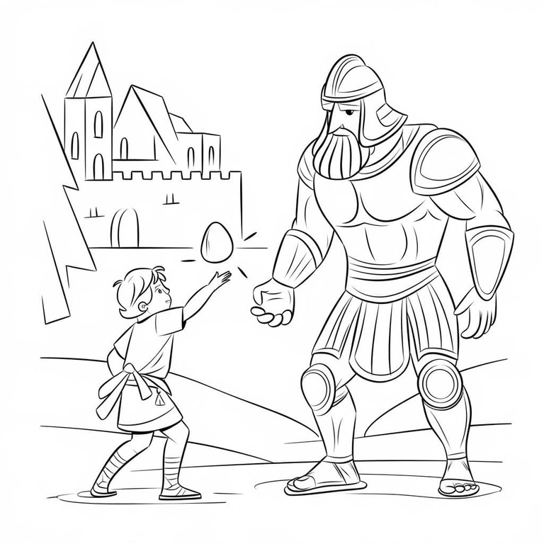 Fise de colorat cu David și Goliat bazic la copii