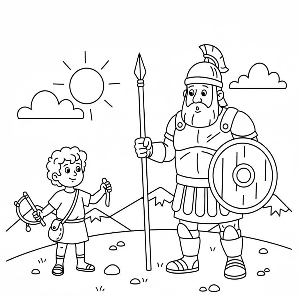 Fise de colorat cu David și Goliat imprimabil bazic