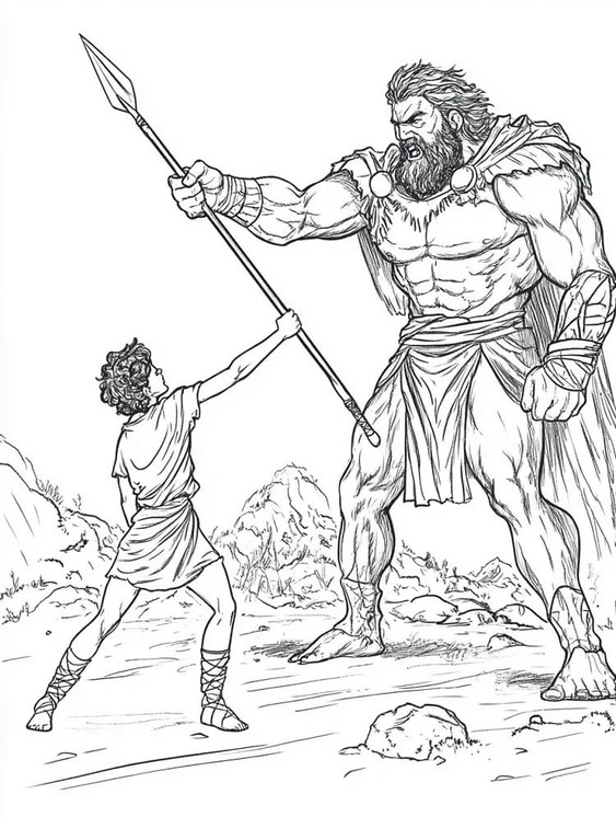 Fise de colorat cu Desenează David și Goliat bazic la copii