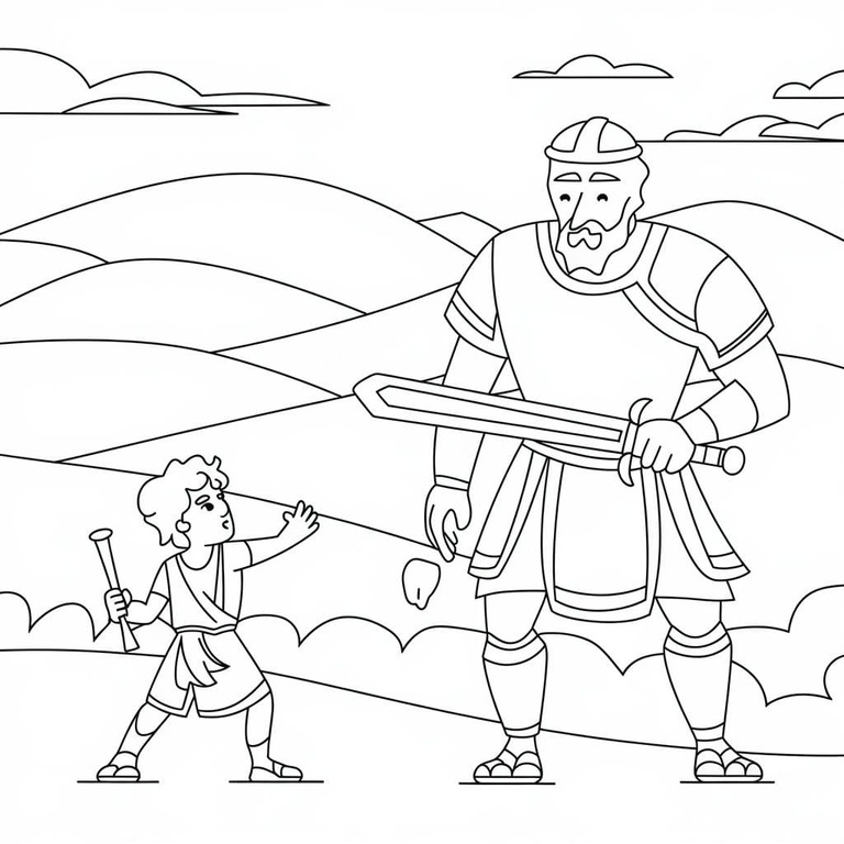 Fise de colorat cu Desenează David și Goliat gratuit
