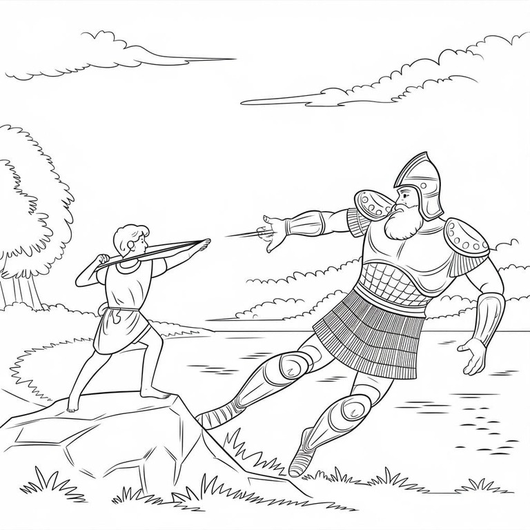 Fise de colorat cu Desenează David și Goliat imprimabil gratuit uşor