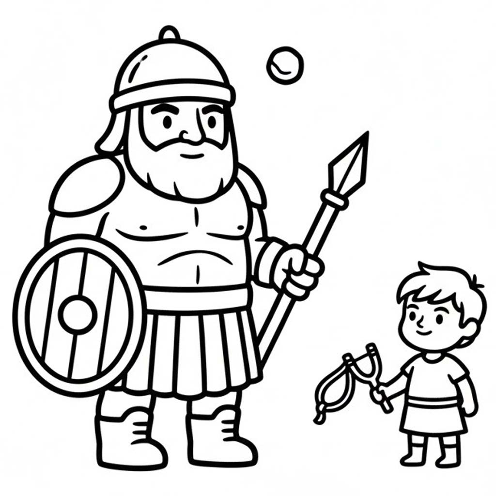 Fise de colorat cu Desenează David și Goliat imprimabil gratuit