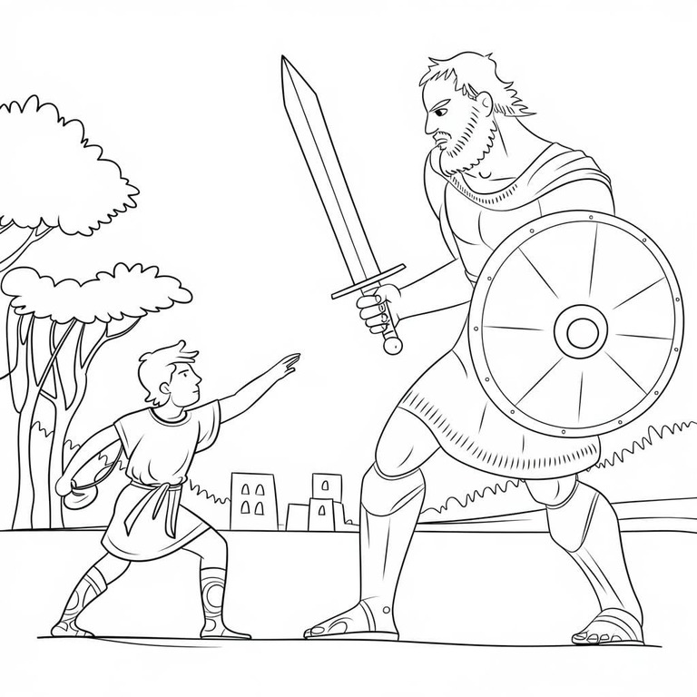 Fise de colorat cu Desenează David și Goliat imprimabil pentru copii