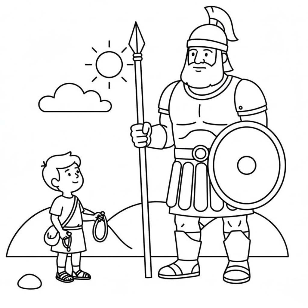 Fise de colorat cu Desenează David și Goliat imprimabil simplu