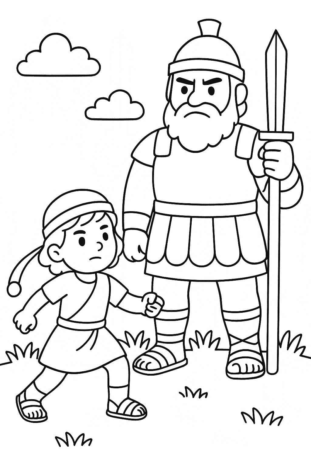 Fise de colorat cu Desenează David și Goliat uşor