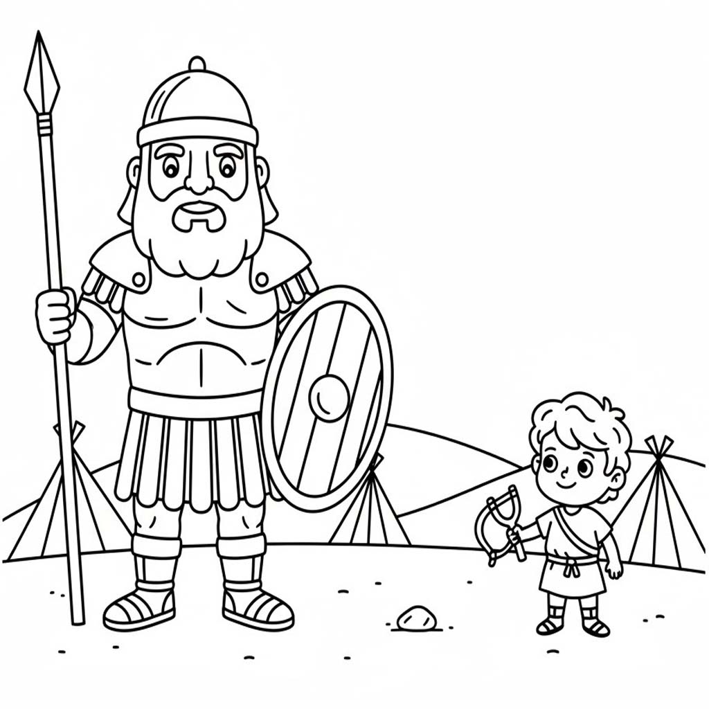 Fise de colorat cu Desenează David și Goliat