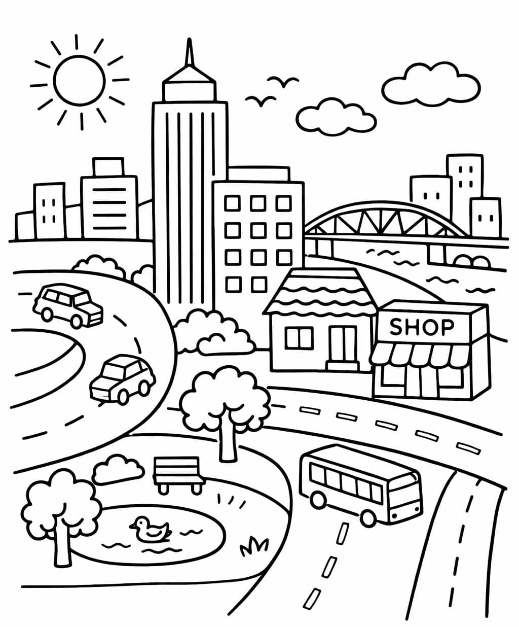 Fise de colorat cu Desenează Oraş bazic la copii
