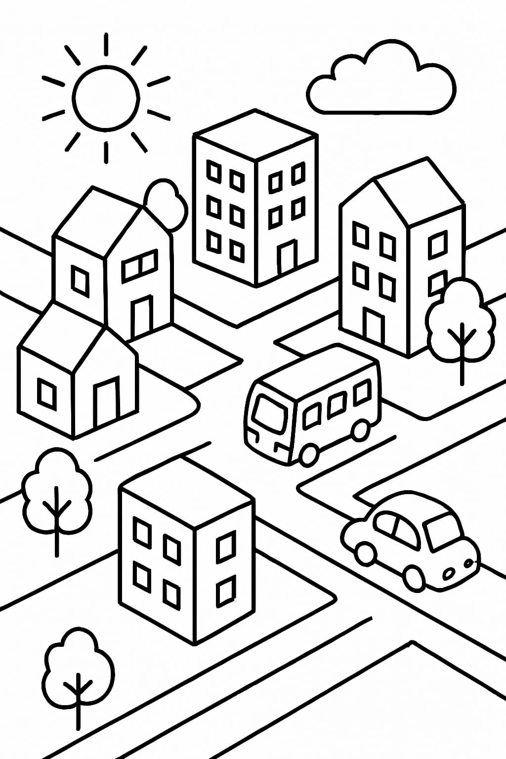 Fise de colorat cu Desenează Oraş imprimabil gratuit bazic