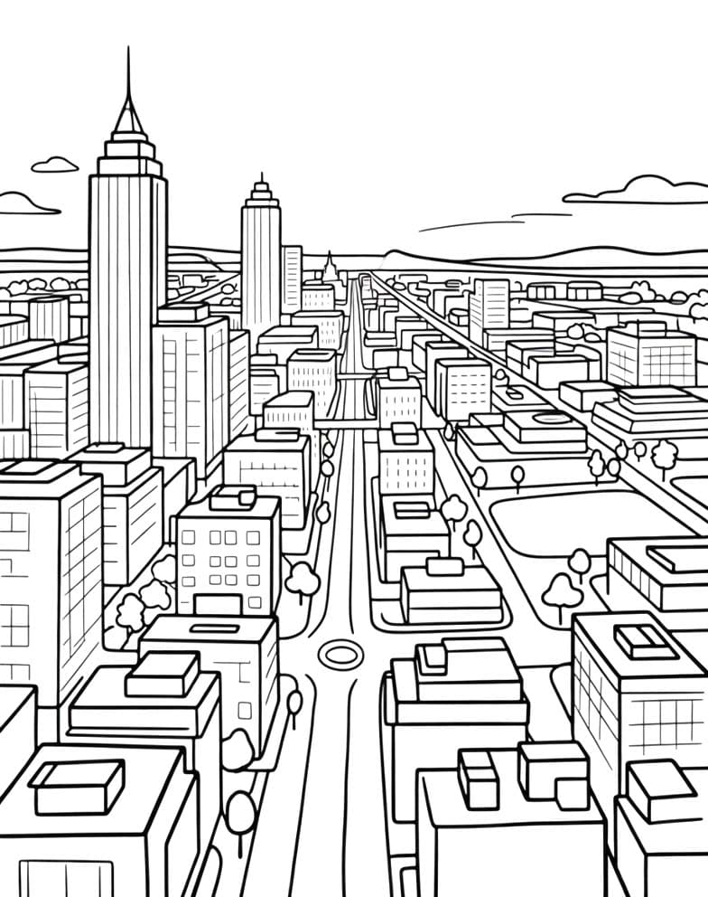 Fise de colorat cu Desenează Oraş imprimabil gratuit simplu