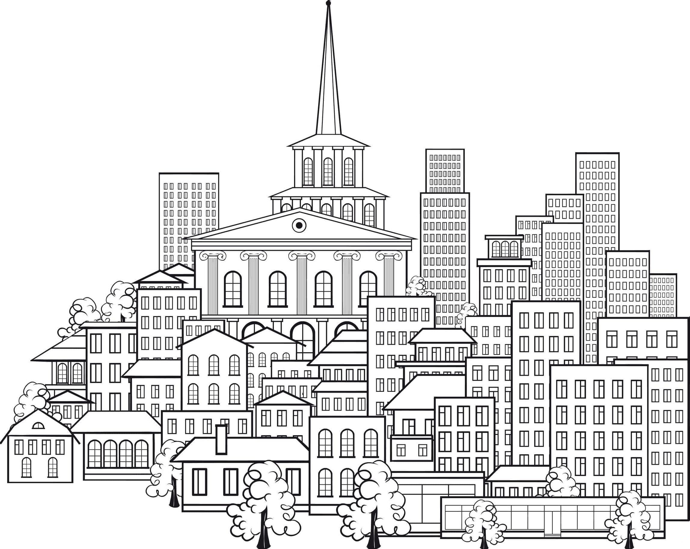 Fise de colorat cu Desenează Oraş imprimabil uşor