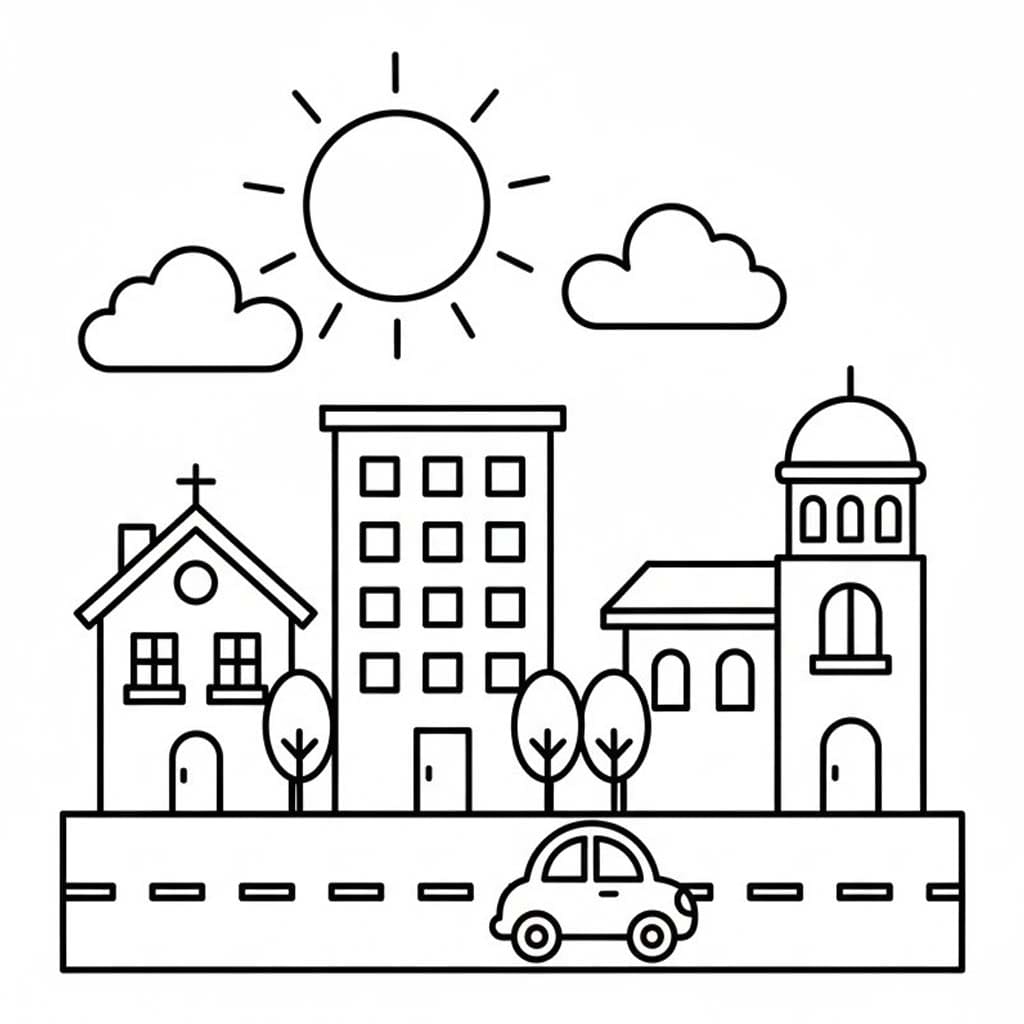 Fise de colorat cu Desenează Oraş pentru copii