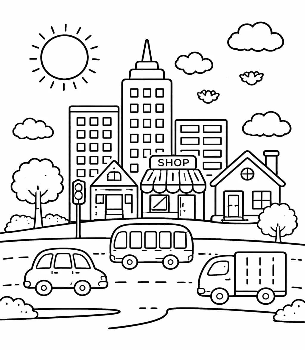 Fise de colorat cu Desenează Oraş simplu la copii