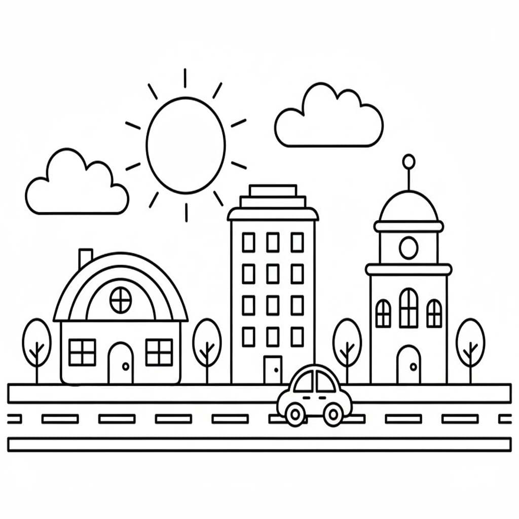 Fise de colorat cu Desenează Oraş simplu