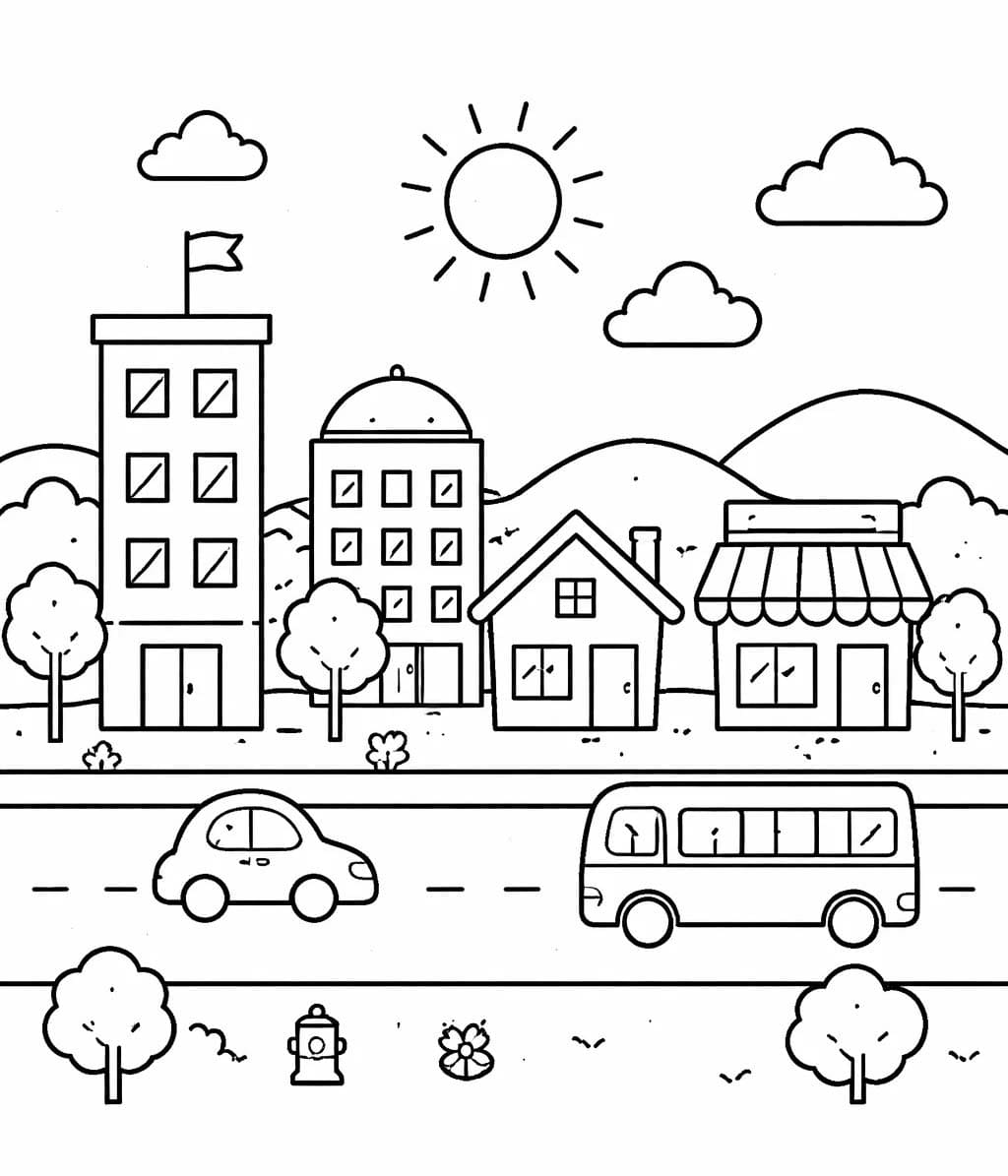 Fise de colorat cu Desenează Oraş uşor la copii