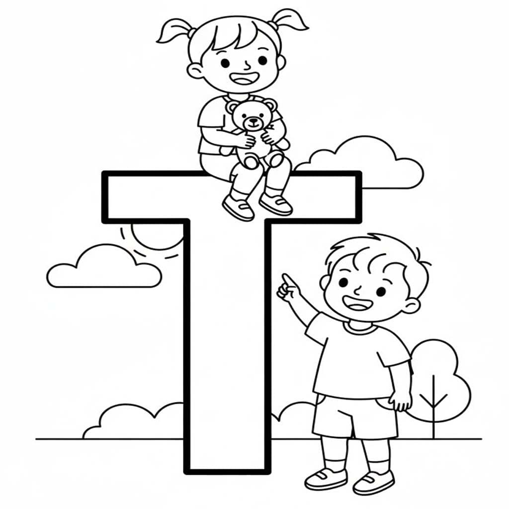 Fise de colorat cu Litera T imprimabil pentru copii