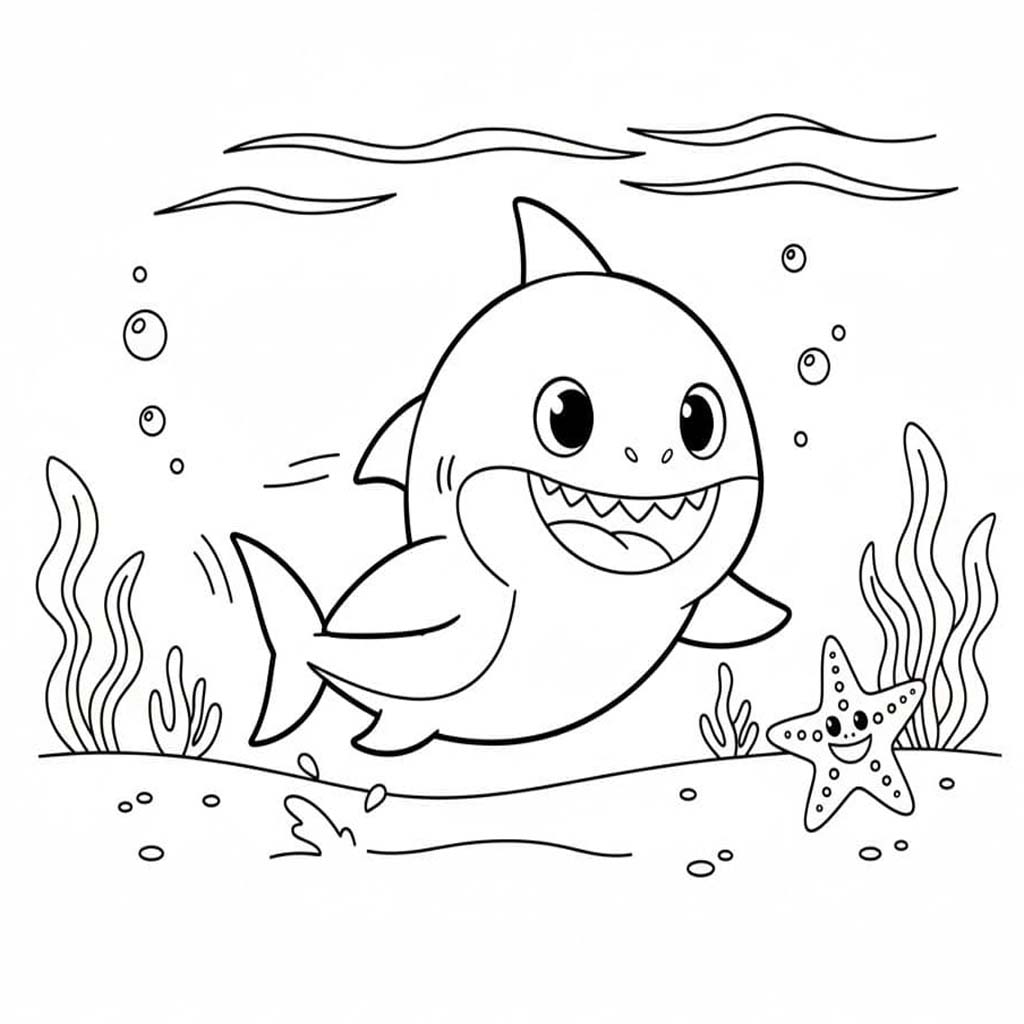 Fise de colorat cu Baby Shark simplu la copii