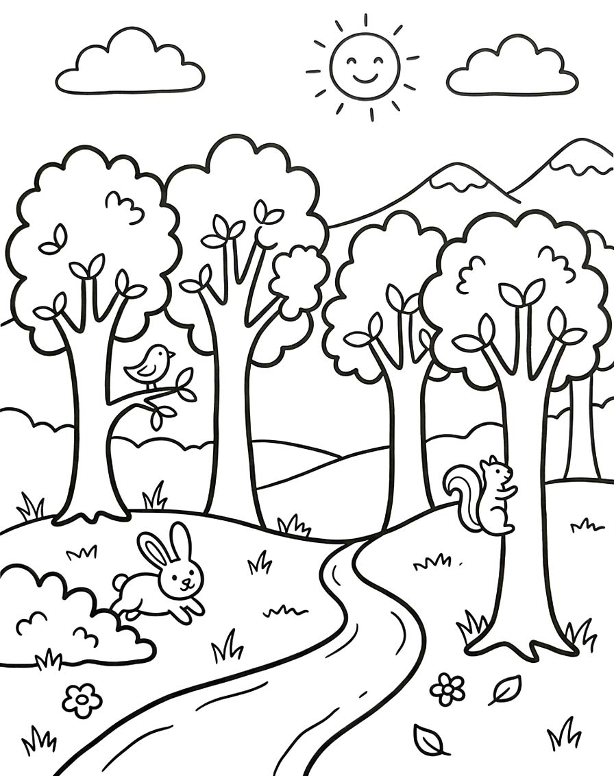 Fise de colorat cu Desenează Pădure bazic
