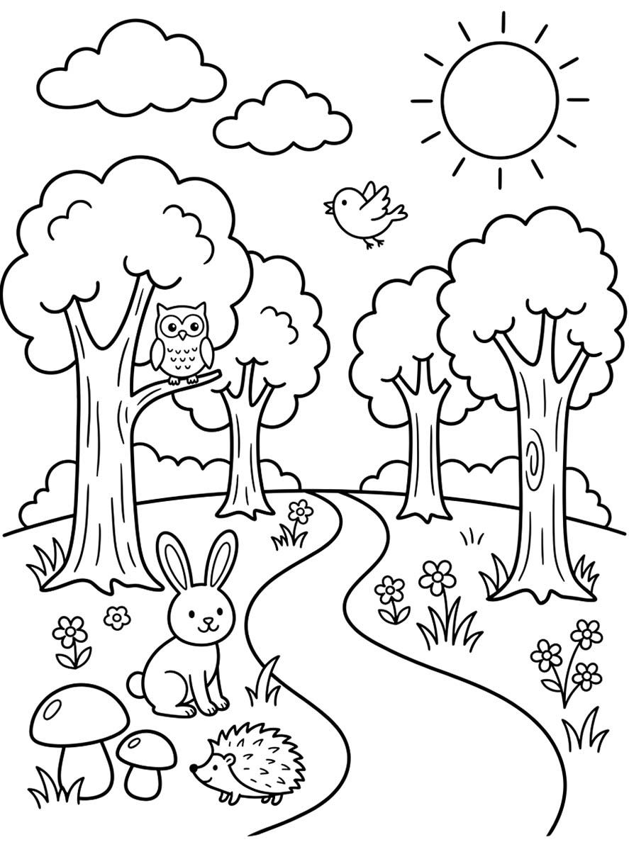 Fise de colorat cu Desenează Pădure imprimabil gratuit