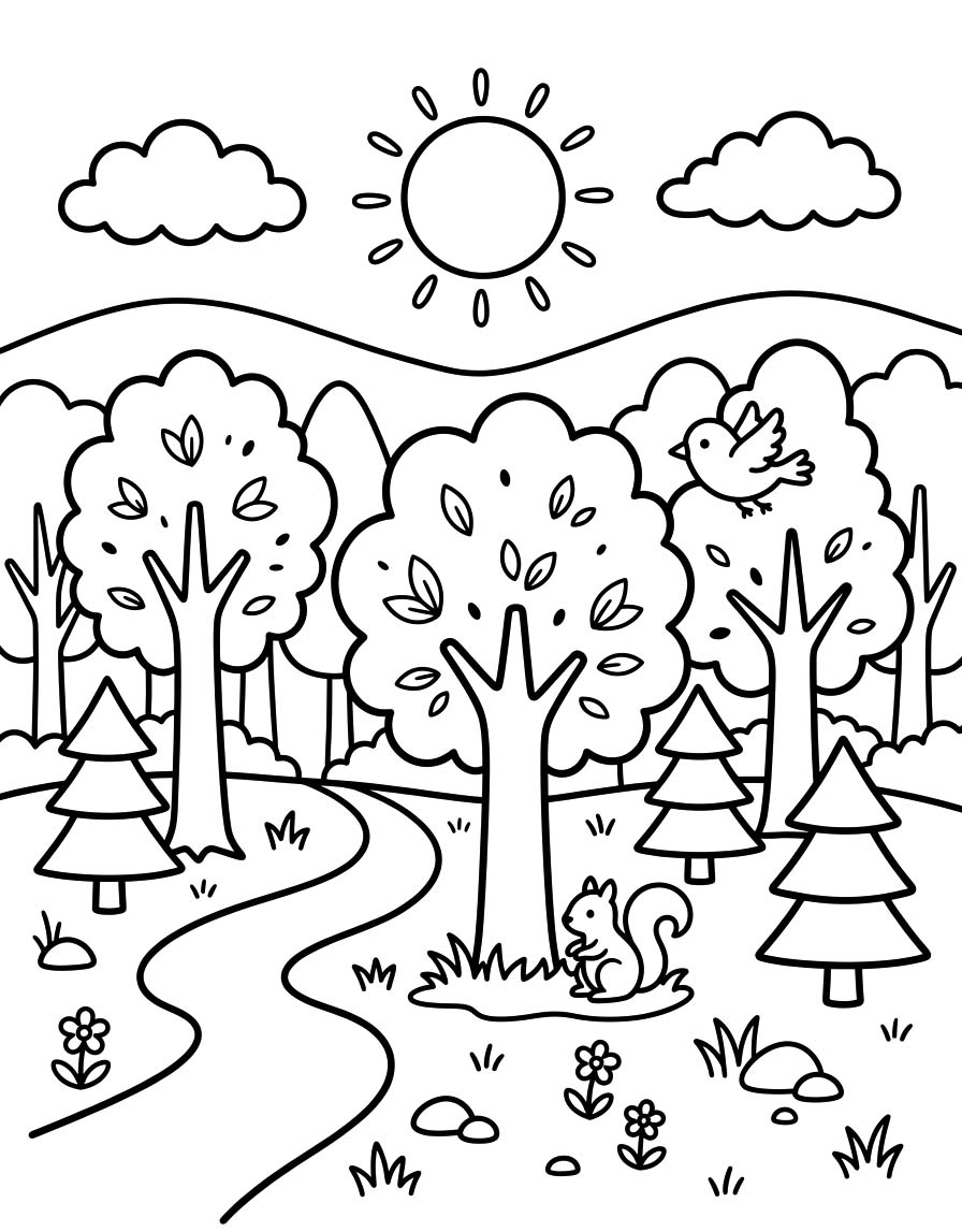 Fise de colorat cu Pădure imprimabil gratuit