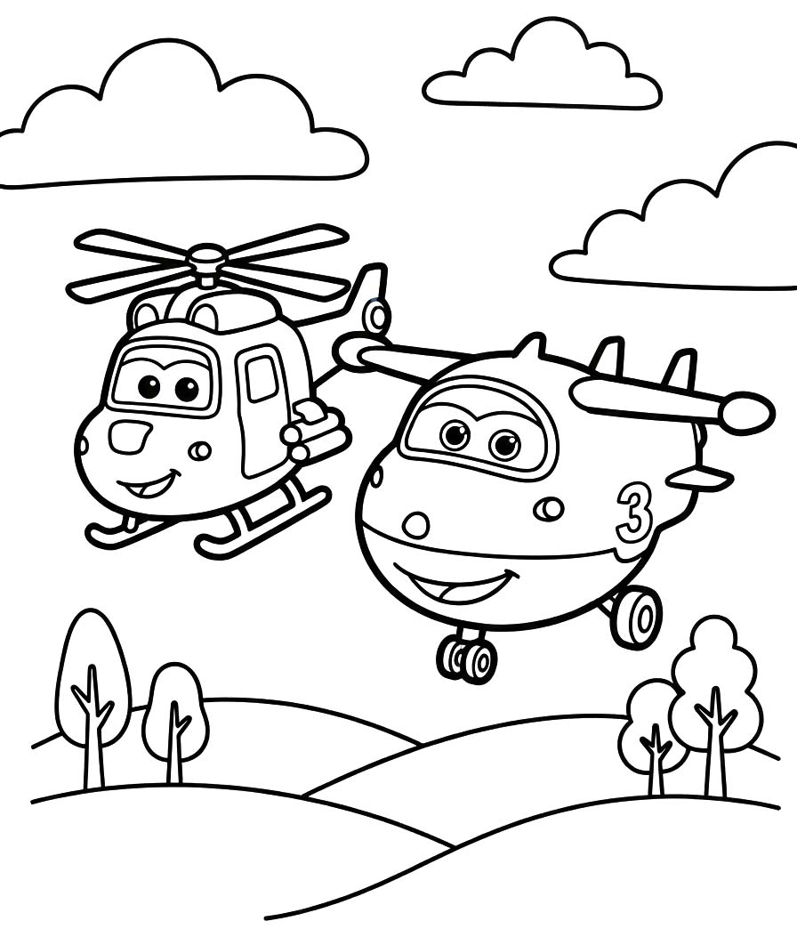 Fise de colorat cu Desenează Super Wings simplu la copii