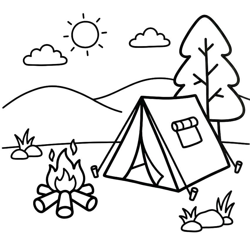 Fise de colorat cu Camping bazic la copii
