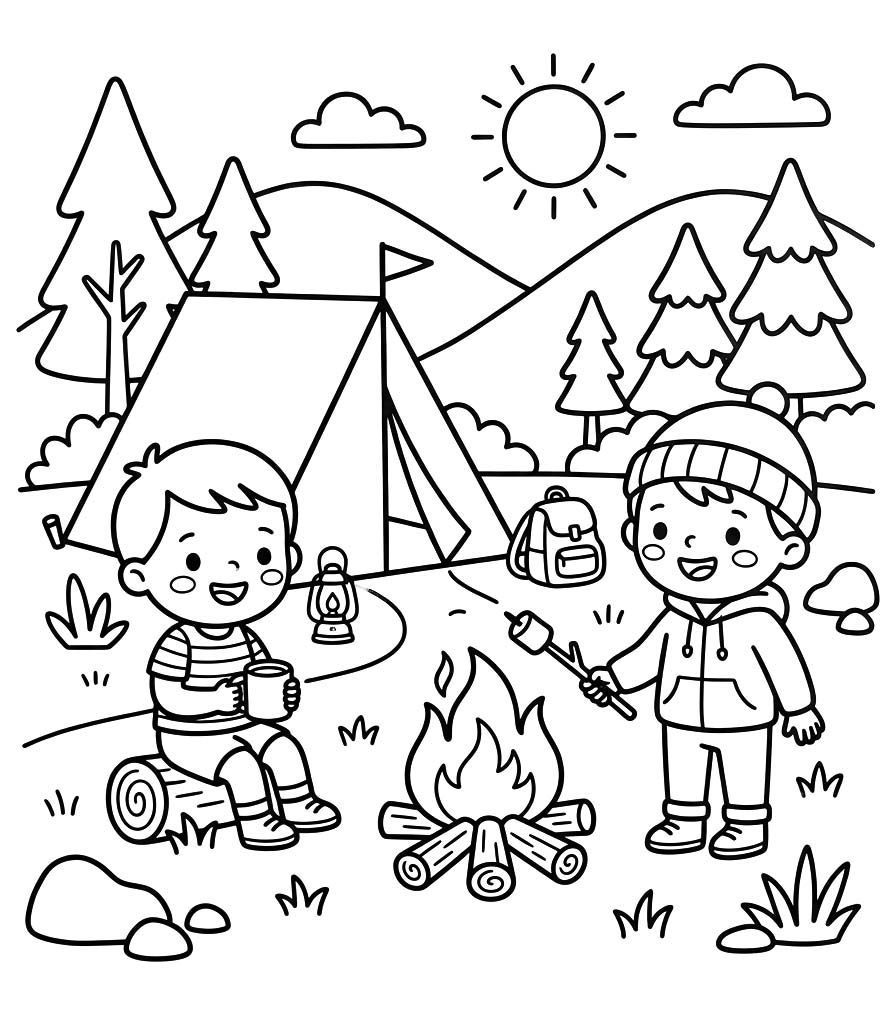 Fise de colorat cu Camping gratuit pentru copii