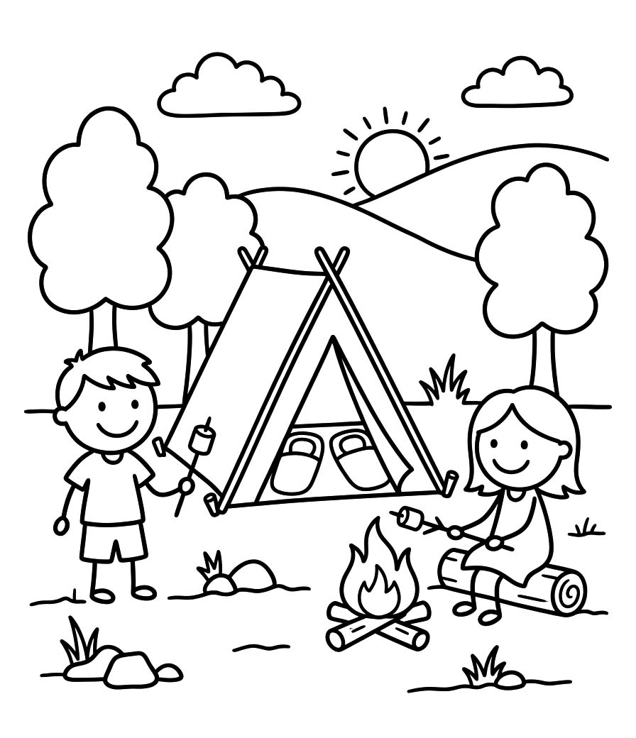 Fise de colorat cu Camping imprimabil bazic