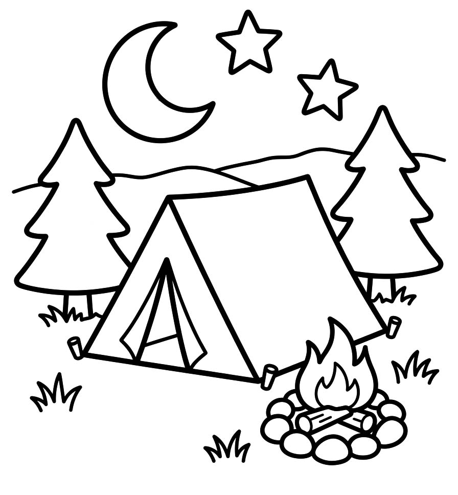 Fise de colorat cu Camping imprimabil gratuit simplu