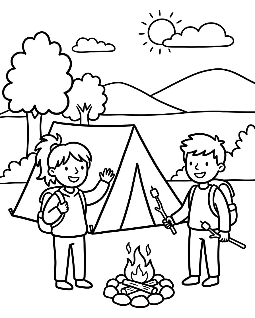 Fise de colorat cu Camping imprimabil gratuit uşor
