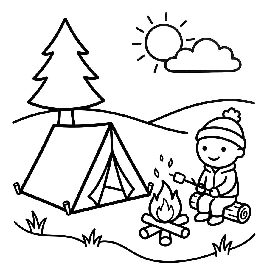 Fise de colorat cu Camping simplu la copii