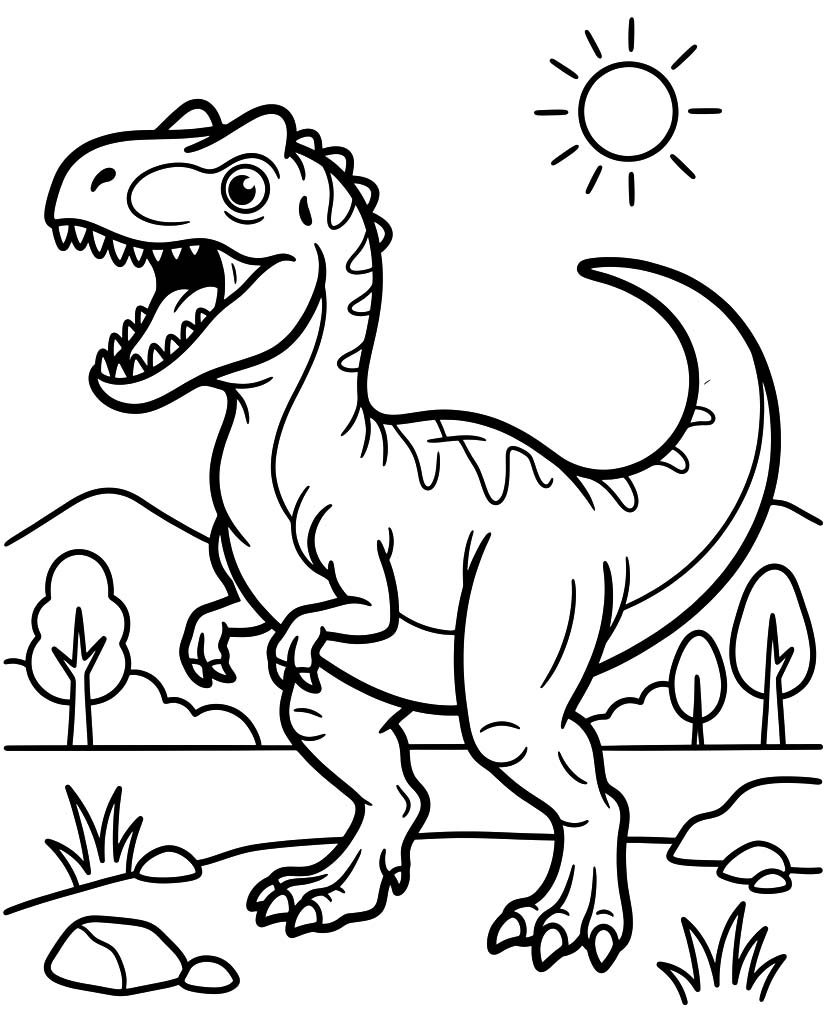 Fise de colorat cu Desenează Allosaurus imprimabil gratuit