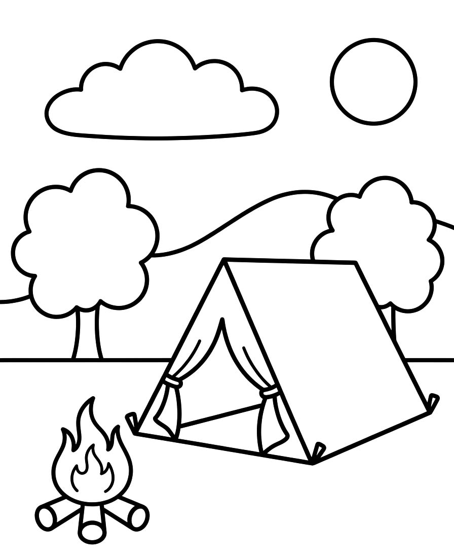 Fise de colorat cu Desenează Camping bazic la copii