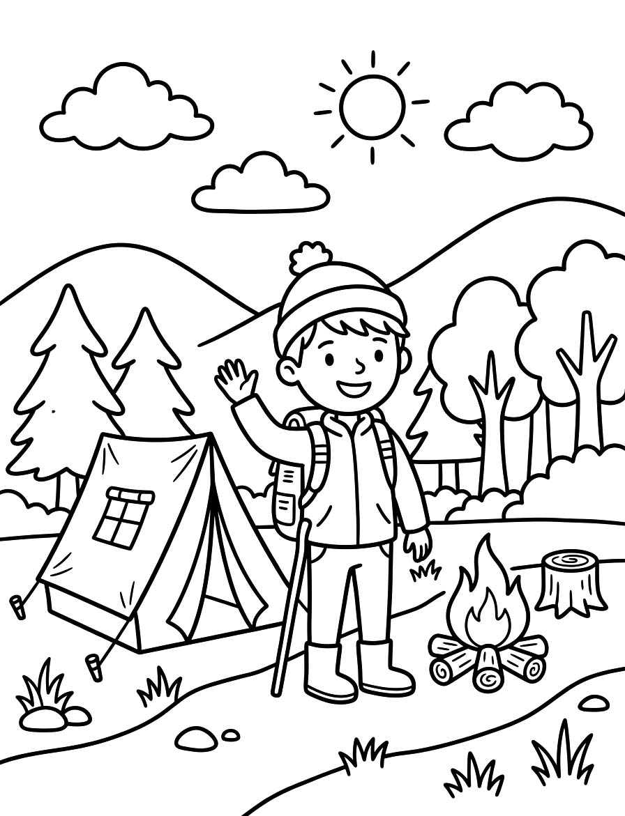 Fise de colorat cu Desenează Camping bazic