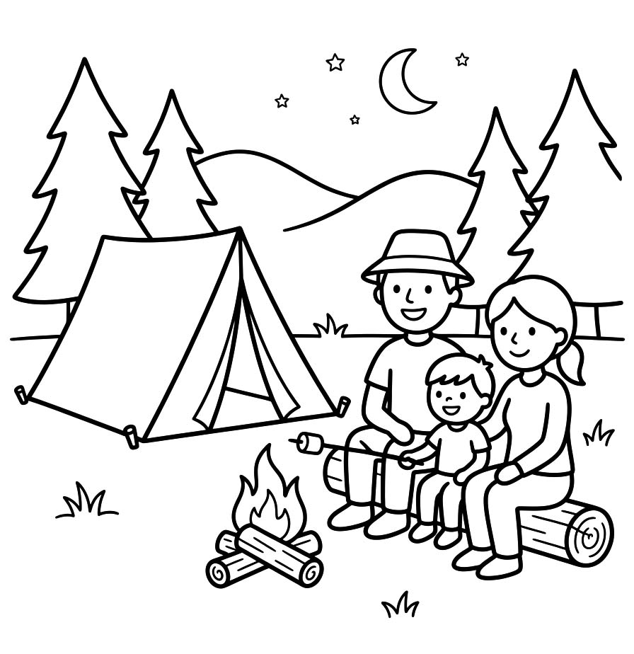 Fise de colorat cu Desenează Camping gratuit bazic